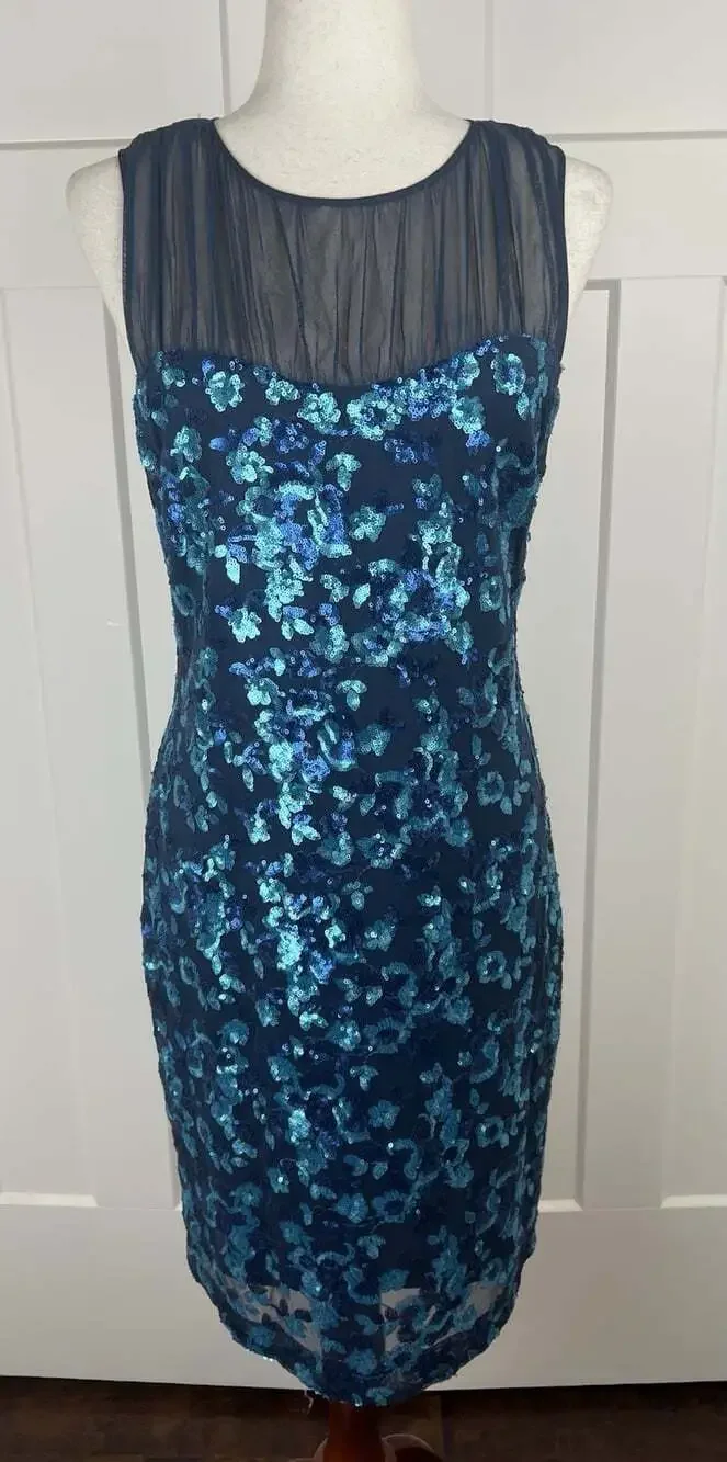 Belle Badgley Mischka Dress 8 Blue Sequin Mesh Sheath Cocktail NWT $219